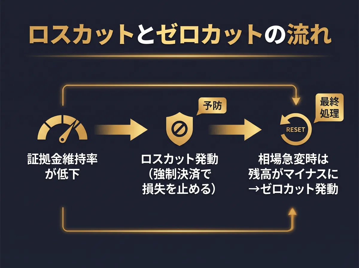 ロスカットとゼロカットの流れ:証拠金維持率の低下からロスカット発動、相場急変時のゼロカット発動までの順序