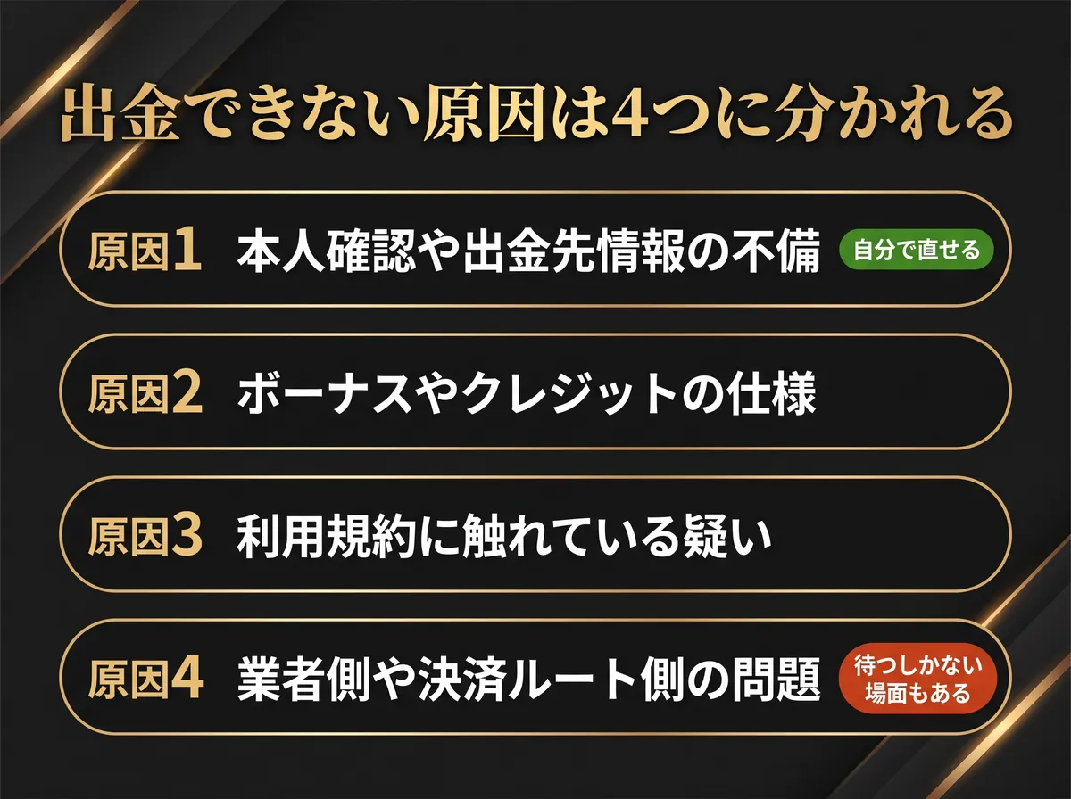 出金できない原因は4つに分かれることを示す図解