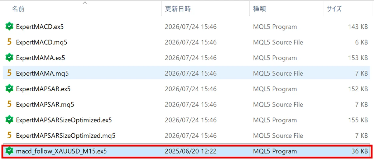 Expertsフォルダの中にEAファイルを貼り付けた状態