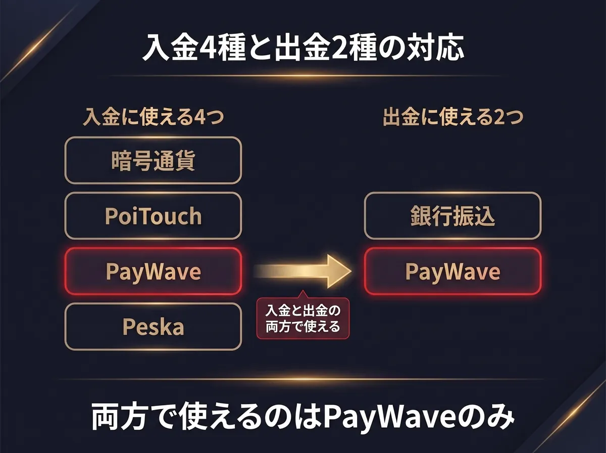 EdgeGraph FXの入金4種と出金2種の対応。入金と出金の両方で使えるのはPayWaveのみであることを示した図